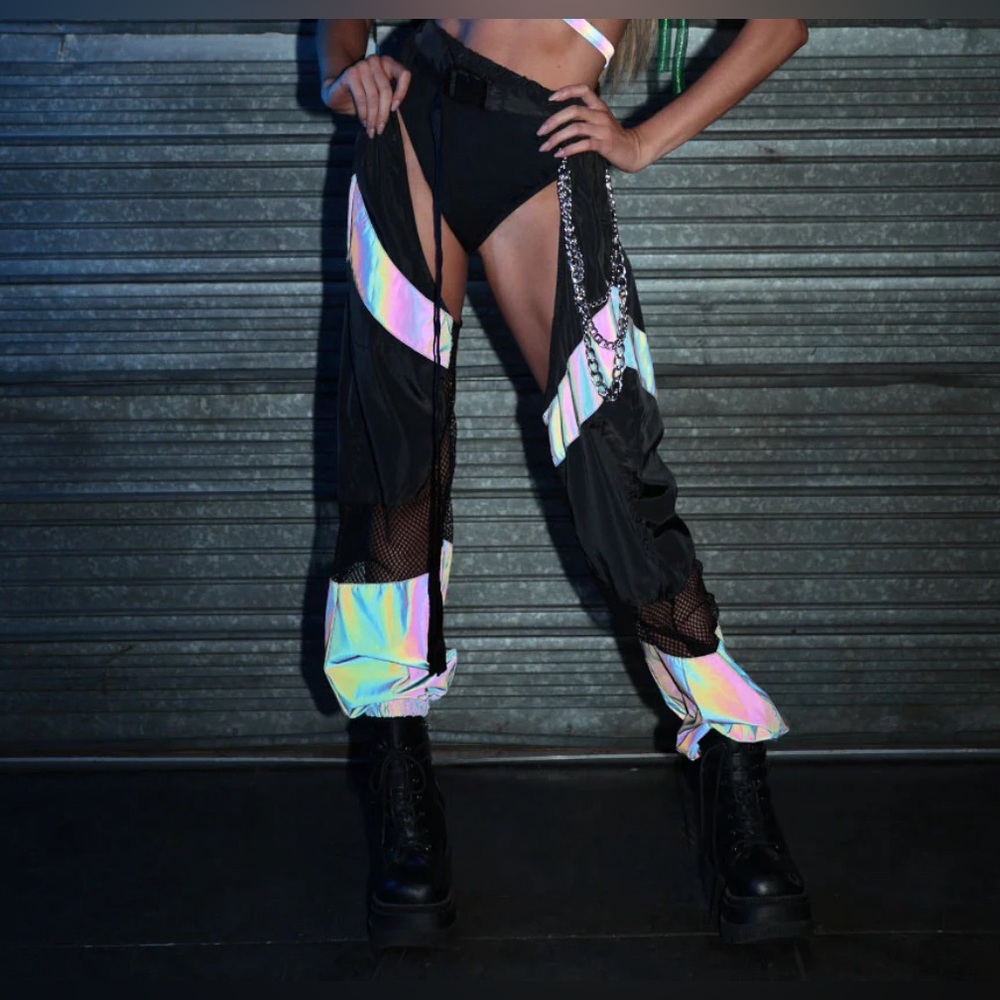 Rave Pants - Reflective chaps with fishnet panels BRAND NEW